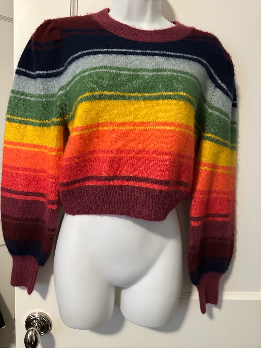 Zara Rainbow Stripe Fuzzy Crewneck Sweater